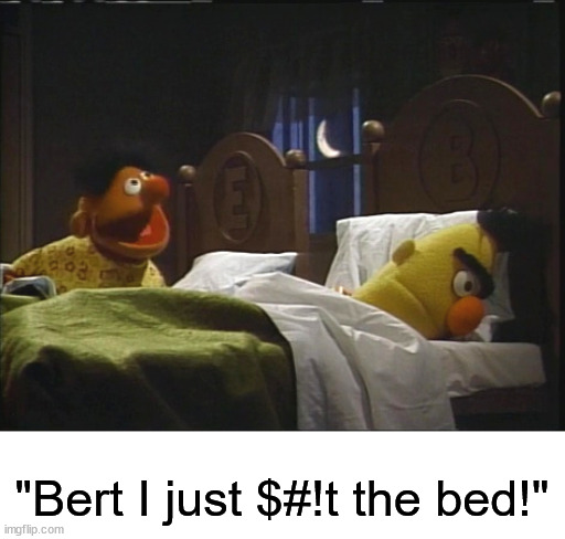Oh Ernie. | "Bert I just $#!t the bed!" | image tagged in ernie bert in bed | made w/ Imgflip meme maker