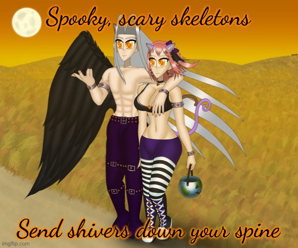 Sayori and Sephiroth | Spooky, scary skeletons; Send shivers down your spine | image tagged in sayori and sephiroth | made w/ Imgflip meme maker