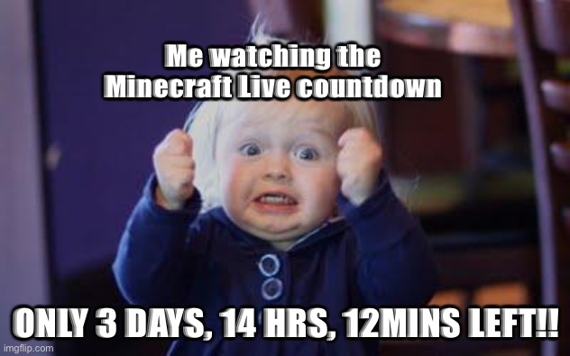 Soooooooooo long wait |  Me watching the Minecraft Live countdown; ONLY 3 DAYS, 14 HRS, 12MINS LEFT!! | image tagged in excited kid,minecraft,waiting,still waiting | made w/ Imgflip meme maker
