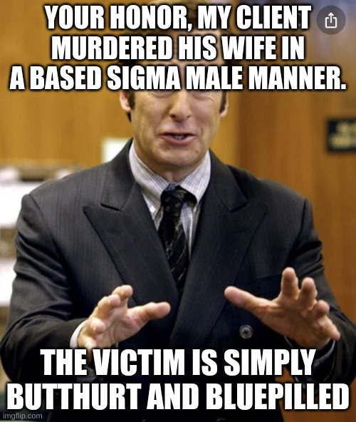 Sigma Male Rule #2: murder somebody's wife | YOUR HONOR, MY CLIENT MURDERED HIS WIFE IN A BASED SIGMA MALE MANNER. THE VICTIM IS SIMPLY BUTTHURT AND BLUEPILLED | image tagged in your honor,redpilled,based,bluepill,sigma,grindset | made w/ Imgflip meme maker