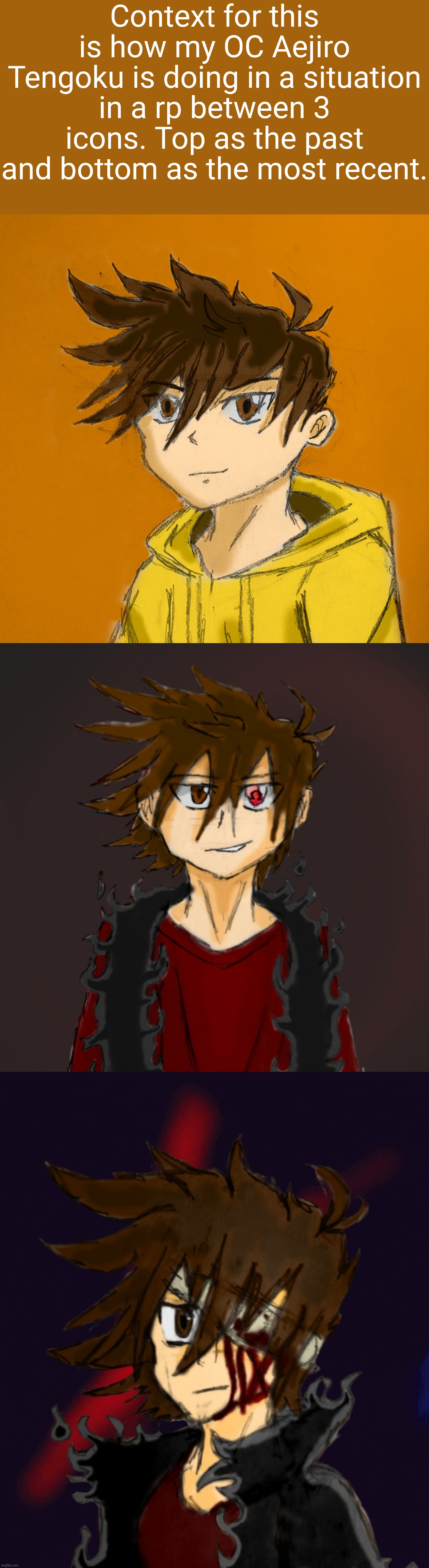 Aejiro Tengoku Icon Timeline | Context for this is how my OC Aejiro Tengoku is doing in a situation in a rp between 3 icons. Top as the past and bottom as the most recent. | made w/ Imgflip meme maker