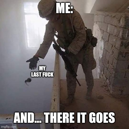 No more left to give..... | ME:; MY LAST FUCK; AND... THERE IT GOES | image tagged in grenade drop,no fucks given | made w/ Imgflip meme maker