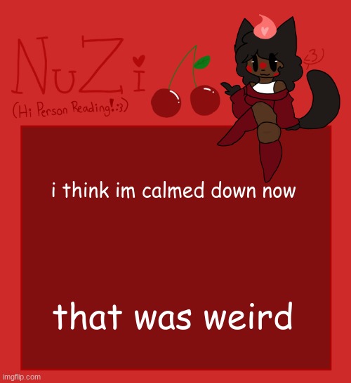 NuZi Announcement!! | i think im calmed down now; that was weird | image tagged in nuzi announcement | made w/ Imgflip meme maker