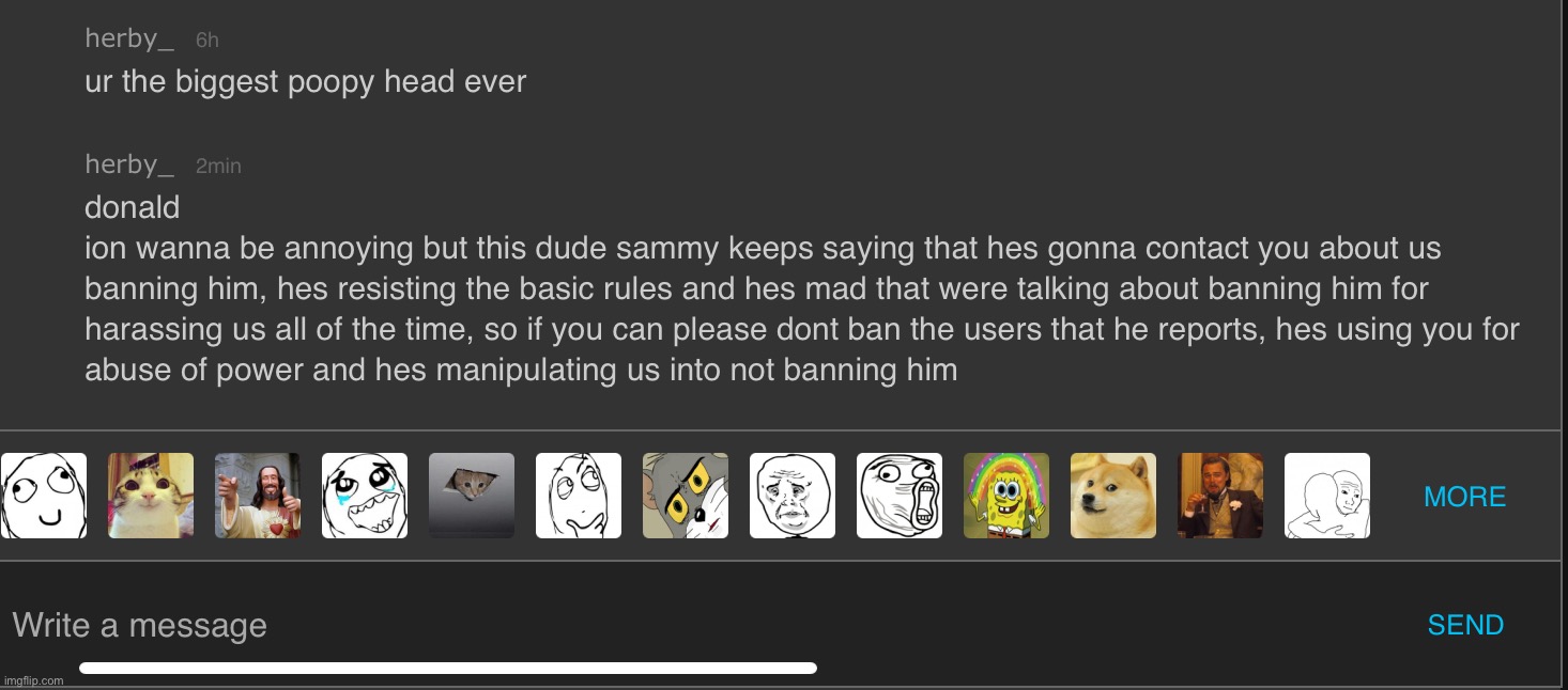 I just wanted to inform you guys that i’ve told Mr.Donald about sammy’s behavior! he’ll be gone from the stream in no time | made w/ Imgflip meme maker