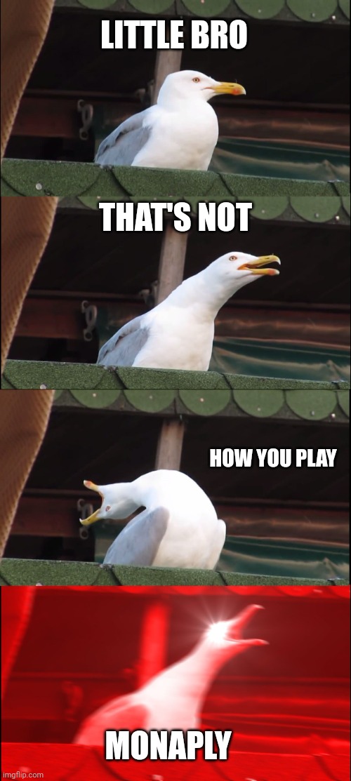 Inhaling Seagull | LITTLE BRO; THAT'S NOT; HOW YOU PLAY; MONAPLY | image tagged in memes,inhaling seagull | made w/ Imgflip meme maker