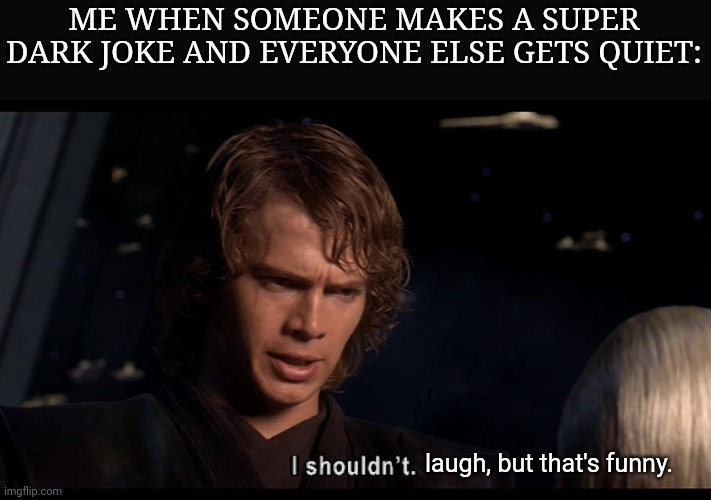 I can't help it sometimes | ME WHEN SOMEONE MAKES A SUPER DARK JOKE AND EVERYONE ELSE GETS QUIET:; laugh, but that's funny. | image tagged in anakin i shouldn't,dark humor | made w/ Imgflip meme maker