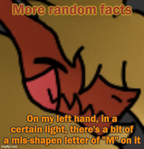 I found this out last night | More random facts; On my left hand, in a certain light, there's a bit of a mis-shapen letter of "M" on it | image tagged in zektrid lol | made w/ Imgflip meme maker