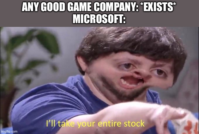 . | ANY GOOD GAME COMPANY: *EXISTS*
MICROSOFT: | image tagged in i'll take your entire stock | made w/ Imgflip meme maker