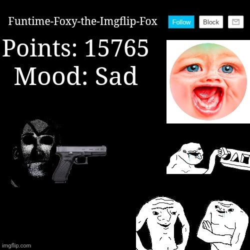 15765 points | Points: 15765; Mood: Sad | image tagged in funtime-foxy-the-imgflip-fox announcement | made w/ Imgflip meme maker