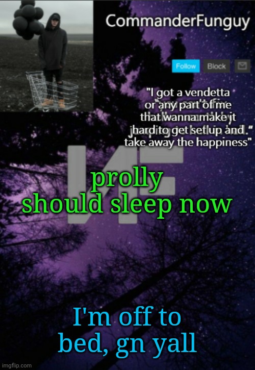 Cya | prolly should sleep now; I'm off to bed, gn yall | image tagged in commanderfunguy nf template thx yachi | made w/ Imgflip meme maker