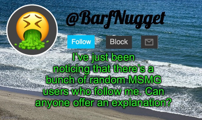 Comment below | I’ve just been noticing that there’s a bunch of random MSMG users who follow me. Can anyone offer an explanation? | image tagged in premium ocean template | made w/ Imgflip meme maker
