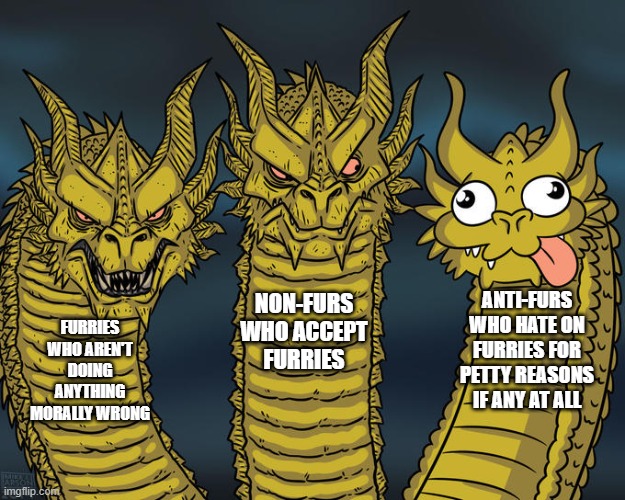 Accept who deserves to be accepted | ANTI-FURS WHO HATE ON FURRIES FOR PETTY REASONS IF ANY AT ALL; NON-FURS WHO ACCEPT FURRIES; FURRIES WHO AREN'T DOING ANYTHING MORALLY WRONG | image tagged in three-headed dragon,furries,kindness,acceptance,memes,oh wow are you actually reading these tags | made w/ Imgflip meme maker