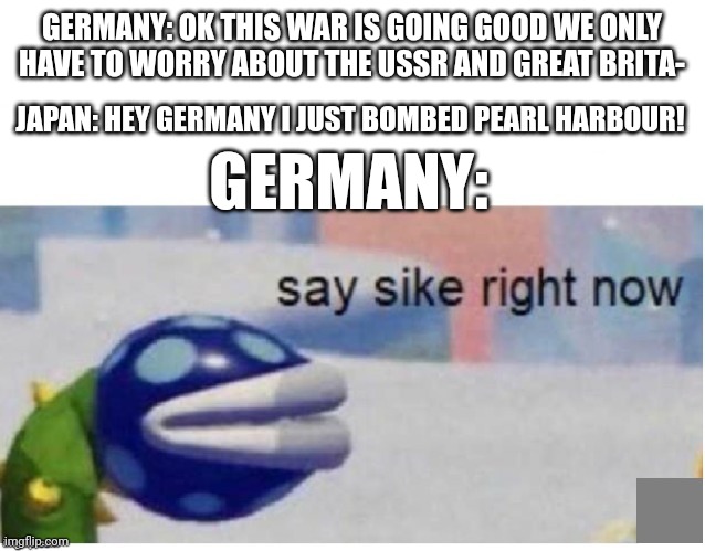 say sike right now | GERMANY: OK THIS WAR IS GOING GOOD WE ONLY HAVE TO WORRY ABOUT THE USSR AND GREAT BRITA-; JAPAN: HEY GERMANY I JUST BOMBED PEARL HARBOUR! GERMANY: | image tagged in say sike right now | made w/ Imgflip meme maker