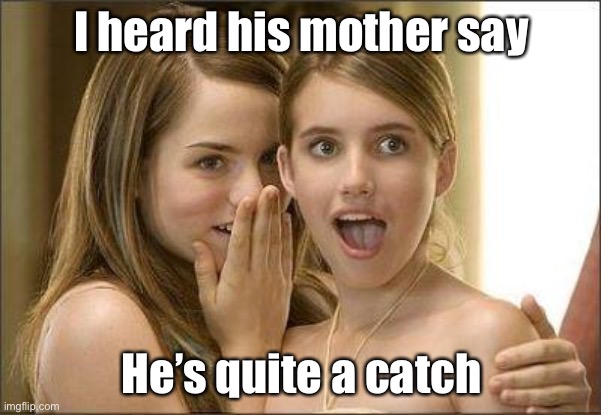 Good catch | I heard his mother say; He’s quite a catch | image tagged in girls gossiping | made w/ Imgflip meme maker