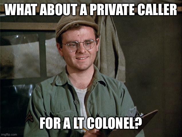 Radar O'Reilly | WHAT ABOUT A PRIVATE CALLER FOR A LT COLONEL? | image tagged in radar o'reilly | made w/ Imgflip meme maker