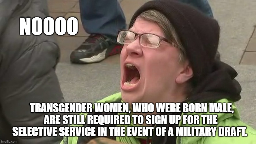 XY will always be XY to pretend otherwise is a mental illness | NOOOO; TRANSGENDER WOMEN, WHO WERE BORN MALE, ARE STILL REQUIRED TO SIGN UP FOR THE SELECTIVE SERVICE IN THE EVENT OF A MILITARY DRAFT. | image tagged in noooo | made w/ Imgflip meme maker