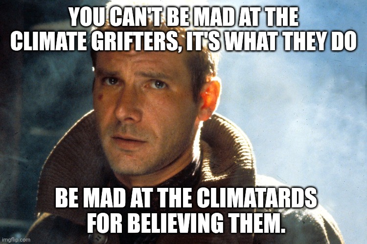 Climate grifters are gonna grift. | YOU CAN'T BE MAD AT THE CLIMATE GRIFTERS, IT'S WHAT THEY DO; BE MAD AT THE CLIMATARDS FOR BELIEVING THEM. | image tagged in blade runner | made w/ Imgflip meme maker