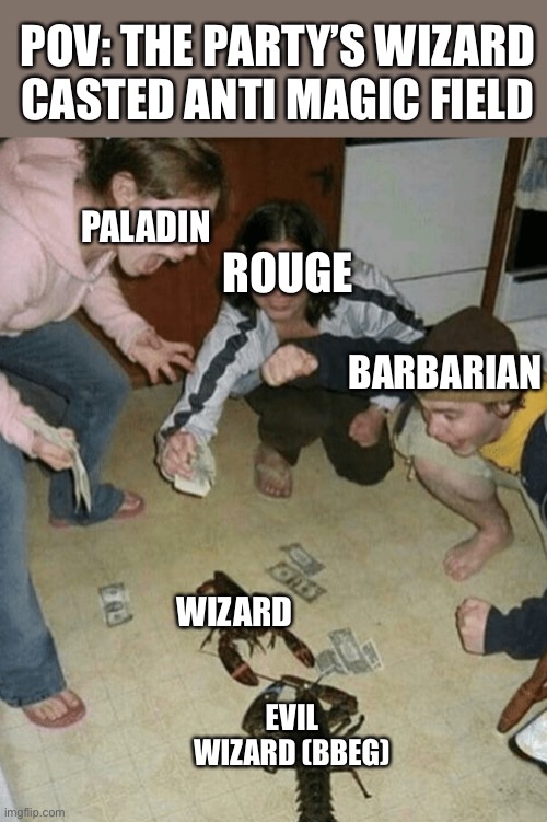 8 strength go bonk | POV: THE PARTY’S WIZARD CASTED ANTI MAGIC FIELD; PALADIN; ROUGE; BARBARIAN; WIZARD; EVIL WIZARD (BBEG) | image tagged in dnd,wizard | made w/ Imgflip meme maker