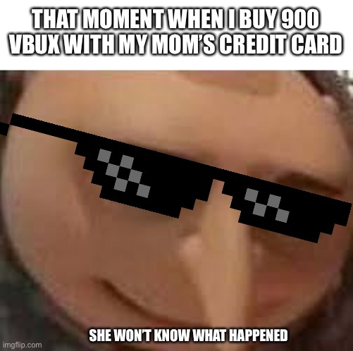 Gru Face | THAT MOMENT WHEN I BUY 900 VBUX WITH MY MOM’S CREDIT CARD; SHE WON’T KNOW WHAT HAPPENED | image tagged in gru face | made w/ Imgflip meme maker
