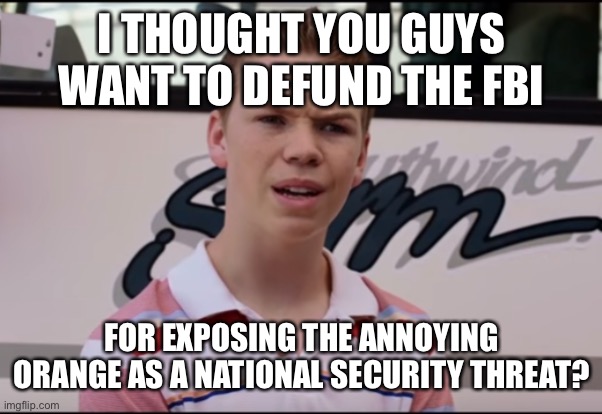 You Guys are Getting Paid | I THOUGHT YOU GUYS WANT TO DEFUND THE FBI FOR EXPOSING THE ANNOYING ORANGE AS A NATIONAL SECURITY THREAT? | image tagged in you guys are getting paid | made w/ Imgflip meme maker