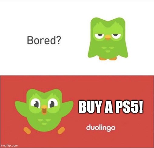 DUOLINGO BORED | BUY A PS5! | image tagged in duolingo bored | made w/ Imgflip meme maker