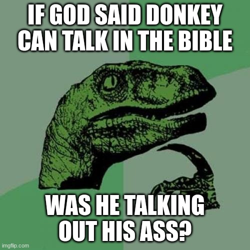 Philosoraptor Meme | IF GOD SAID DONKEY CAN TALK IN THE BIBLE; WAS HE TALKING OUT HIS ASS? | image tagged in memes,philosoraptor | made w/ Imgflip meme maker