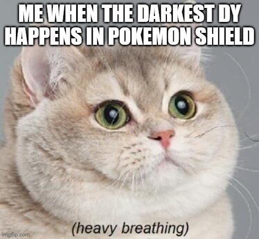 pokemon shield meme | ME WHEN THE DARKEST DY HAPPENS IN POKEMON SHIELD | image tagged in memes,heavy breathing cat | made w/ Imgflip meme maker