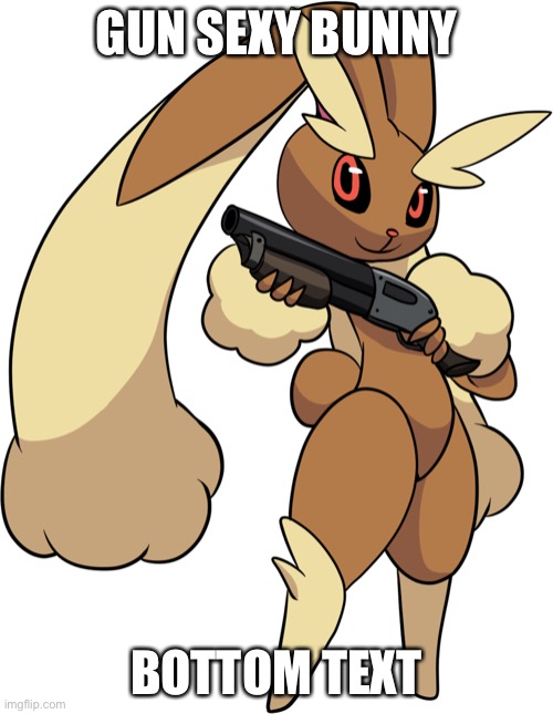 Lopunny with a shotgun | GUN SEXY BUNNY; BOTTOM TEXT | image tagged in lopunny with a shotgun,pokemon,bottom text | made w/ Imgflip meme maker