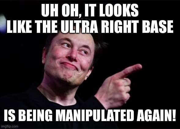 Elon musk | UH OH, IT LOOKS LIKE THE ULTRA RIGHT BASE; IS BEING MANIPULATED AGAIN! | image tagged in elon musk | made w/ Imgflip meme maker