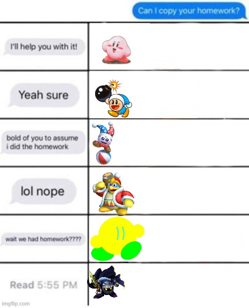 poyo | image tagged in homework alignment chart,kirby | made w/ Imgflip meme maker