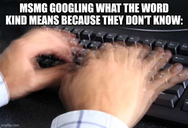 fast typing | MSMG GOOGLING WHAT THE WORD KIND MEANS BECAUSE THEY DON'T KNOW: | image tagged in fast typing | made w/ Imgflip meme maker