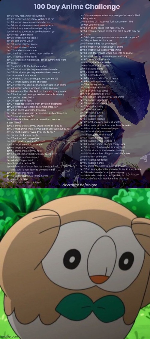 day 2:Pokemon | image tagged in 100 day anime challenge,rowlet meme template | made w/ Imgflip meme maker