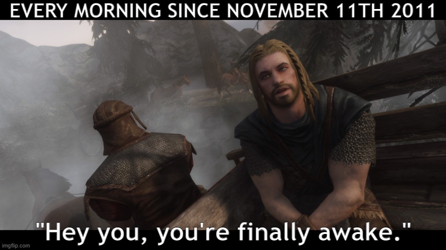 Skyrim you're finally awake | EVERY MORNING SINCE NOVEMBER 11TH 2011; "Hey you, you're finally awake." | image tagged in skyrim you're finally awake | made w/ Imgflip meme maker