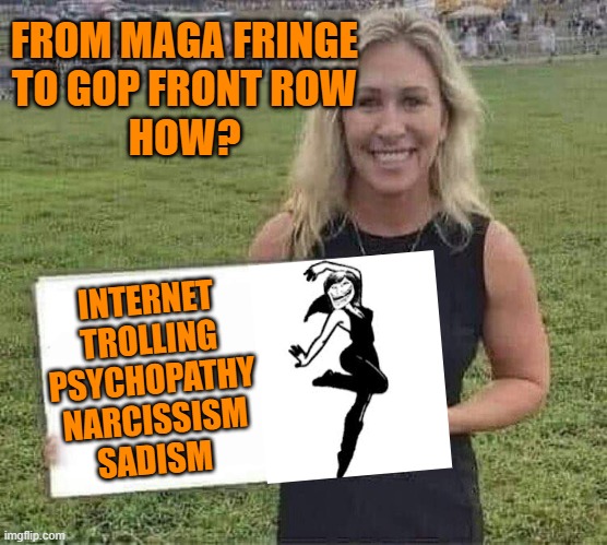 Basic requirement of a MAGA SUPER STAR | FROM MAGA FRINGE

TO GOP FRONT ROW
HOW? INTERNET TROLLING PSYCHOPATHY NARCISSISM SADISM | image tagged in marjorie taylor greene,donald trump,brandon,maga,memes | made w/ Imgflip meme maker