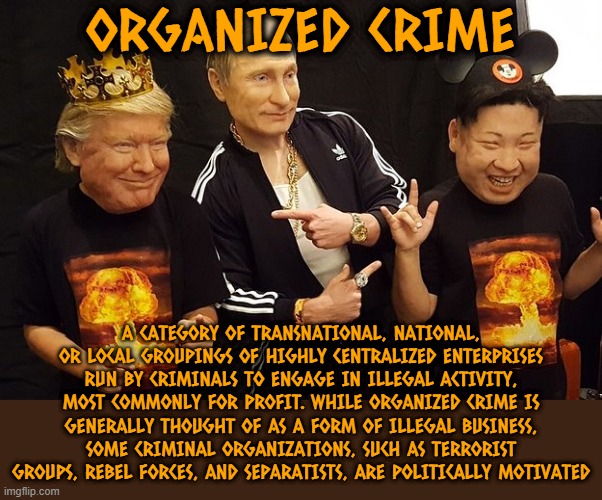 ORGANIZED CRIME | ORGANIZED CRIME; A CATEGORY OF TRANSNATIONAL, NATIONAL, OR LOCAL GROUPINGS OF HIGHLY CENTRALIZED ENTERPRISES RUN BY CRIMINALS TO ENGAGE IN ILLEGAL ACTIVITY, MOST COMMONLY FOR PROFIT. WHILE ORGANIZED CRIME IS GENERALLY THOUGHT OF AS A FORM OF ILLEGAL BUSINESS, SOME CRIMINAL ORGANIZATIONS, SUCH AS TERRORIST GROUPS, REBEL FORCES, AND SEPARATISTS, ARE POLITICALLY MOTIVATED | image tagged in organized crime,illegal,terrorist,political,gang,mob | made w/ Imgflip meme maker