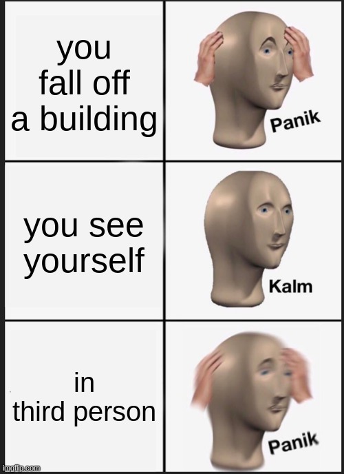 Panik Kalm Panik Meme | you fall off a building; you see yourself; in third person | image tagged in memes,panik kalm panik | made w/ Imgflip meme maker