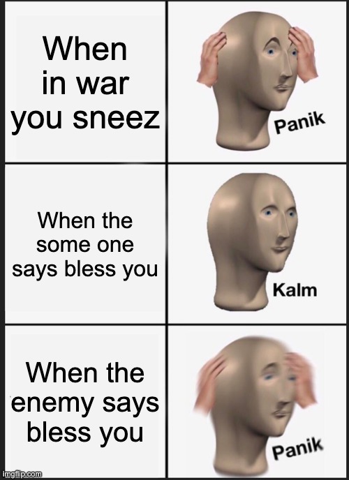 Sneez | When in war you sneez; When the some one says bless you; When the enemy says bless you | image tagged in memes,panik kalm panik | made w/ Imgflip meme maker