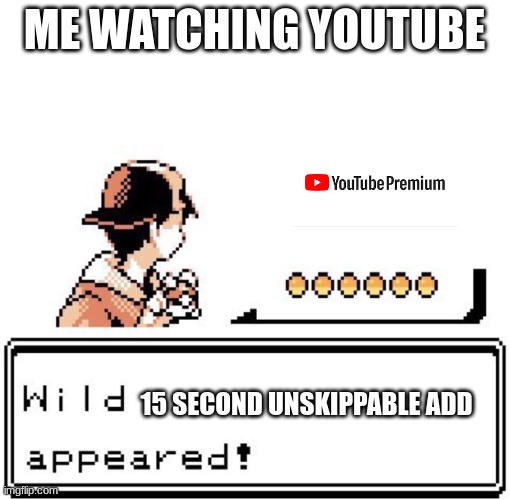 Blank Wild Pokemon Appears | ME WATCHING YOUTUBE; 15 SECOND UNSKIPPABLE ADD | image tagged in blank wild pokemon appears | made w/ Imgflip meme maker