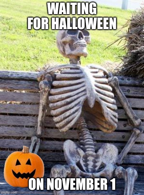 theres only 365 days till next halloween | WAITING FOR HALLOWEEN; ON NOVEMBER 1 | image tagged in memes,waiting skeleton | made w/ Imgflip meme maker