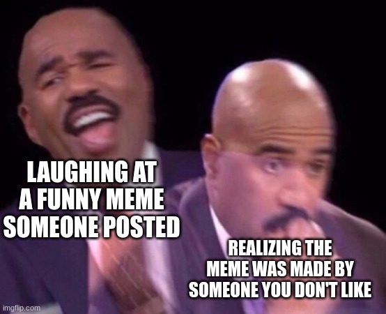 Steve Harvey Laughing Serious | LAUGHING AT A FUNNY MEME SOMEONE POSTED; REALIZING THE MEME WAS MADE BY SOMEONE YOU DON'T LIKE | image tagged in steve harvey laughing serious | made w/ Imgflip meme maker