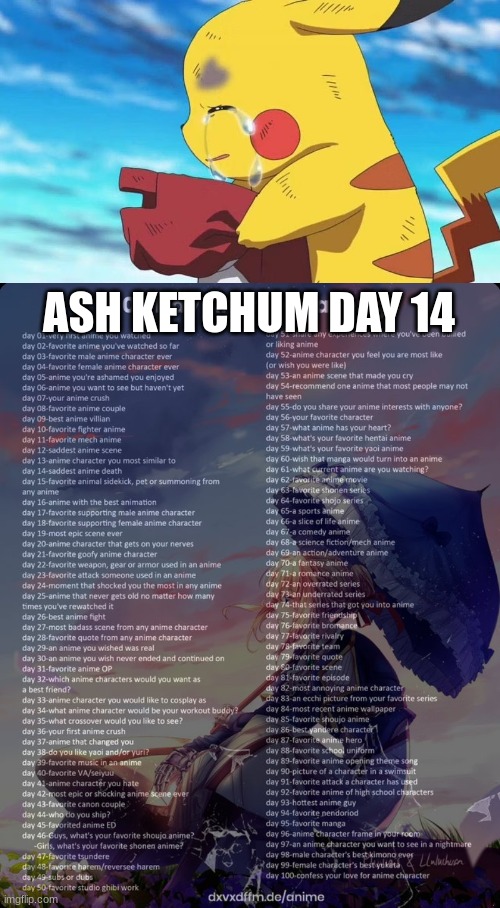 Pikachu looks so sad T-T | ASH KETCHUM DAY 14 | image tagged in 100 day anime challenge | made w/ Imgflip meme maker