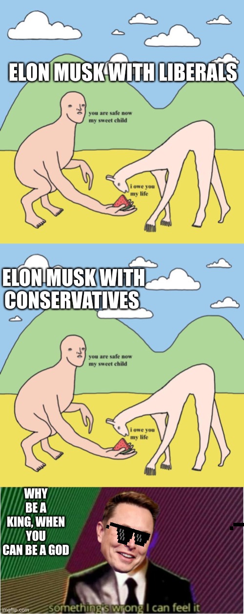 ELON MUSK WITH LIBERALS ELON MUSK WITH CONSERVATIVES WHY BE A KING, WHEN YOU CAN BE A GOD | image tagged in guy feeding llama,rap god - something's wrong | made w/ Imgflip meme maker