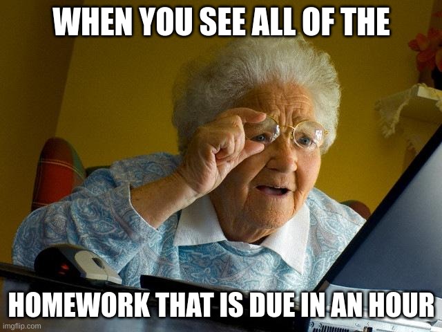 Grandma Finds The Internet | WHEN YOU SEE ALL OF THE; HOMEWORK THAT IS DUE IN AN HOUR | image tagged in memes,grandma finds the internet | made w/ Imgflip meme maker