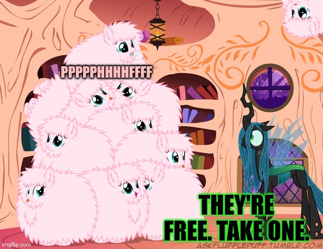 Too many fluffles | PPPPPHHHHFFFF; THEY'RE FREE. TAKE ONE. | image tagged in fluffle puff,mlp,but why why would you do that,mirror pool | made w/ Imgflip meme maker