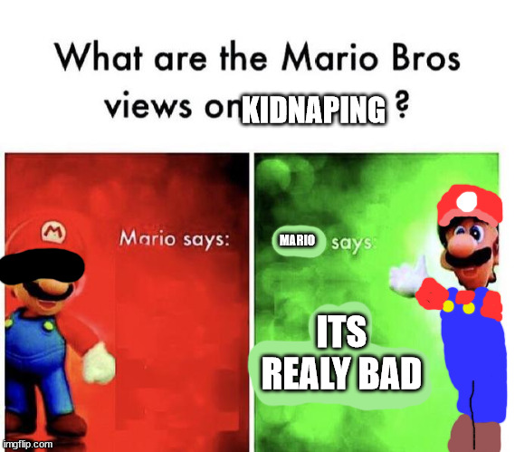 uh wheres mario? | KIDNAPING; MARIO; ITS REALY BAD | image tagged in mario bros views | made w/ Imgflip meme maker