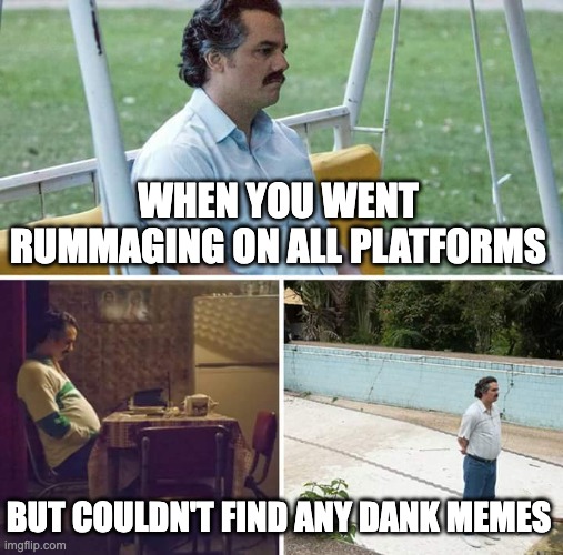 Empty-handed | WHEN YOU WENT RUMMAGING ON ALL PLATFORMS; BUT COULDN'T FIND ANY DANK MEMES | image tagged in memes,sad pablo escobar | made w/ Imgflip meme maker