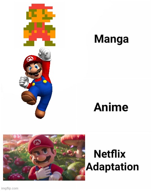 chris pratt is the anti-mario | image tagged in manga anime netflix adaption,super mario,chris pratt | made w/ Imgflip meme maker