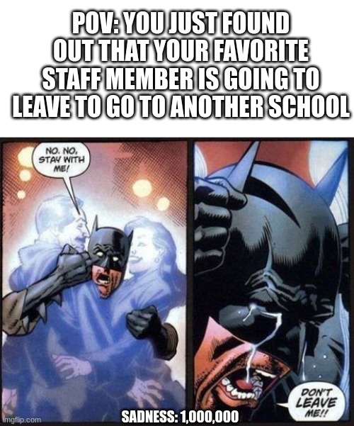 Sadness 1,000,000 (Goodbye Mr. Ramirez) =( | POV: YOU JUST FOUND OUT THAT YOUR FAVORITE STAFF MEMBER IS GOING TO LEAVE TO GO TO ANOTHER SCHOOL; SADNESS: 1,000,000 | image tagged in blank white template,batman don't leave me | made w/ Imgflip meme maker
