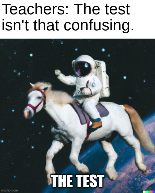 Another test meme | Teachers: The test isn't that confusing. THE TEST | image tagged in astronaut on a horse,ill just wait here | made w/ Imgflip meme maker