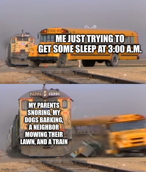 WHY WON'T YOU LET ME SLEEP!!! i just wanna sleeeep | ME JUST TRYING TO GET SOME SLEEP AT 3:00 A.M. MY PARENTS SNORING, MY DOGS BARKING, A NEIGHBOR MOWING THEIR LAWN, AND A TRAIN | image tagged in a train hitting a school bus | made w/ Imgflip meme maker